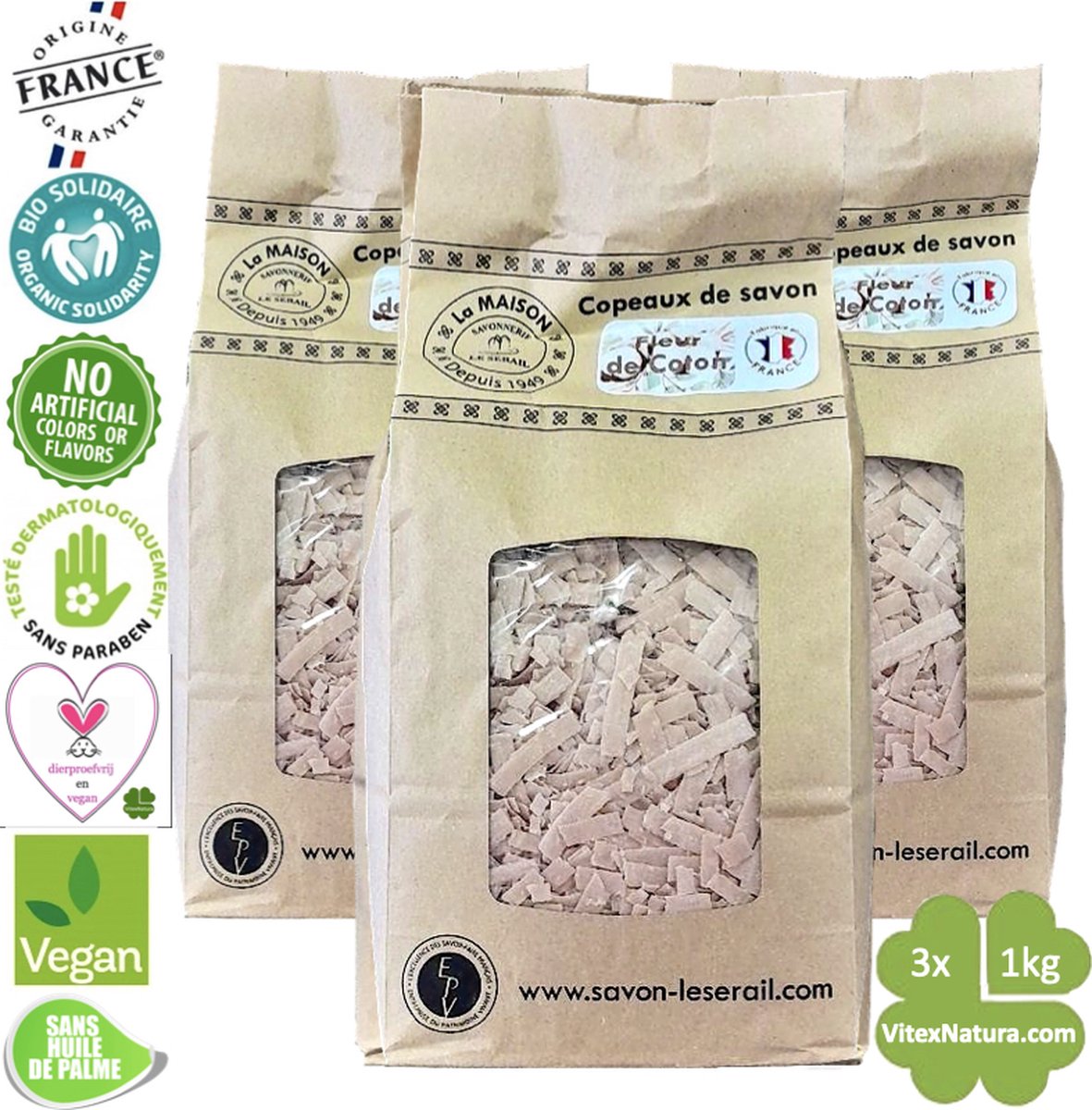 Goedkoopste Marseille zeepvlokken katoenbloesem | 3x 1kg | Zuinig Ecologisch Milieuvriendelijk Hypoallergeen | Zonder conserveermiddel Zonder kleur | Le Serail