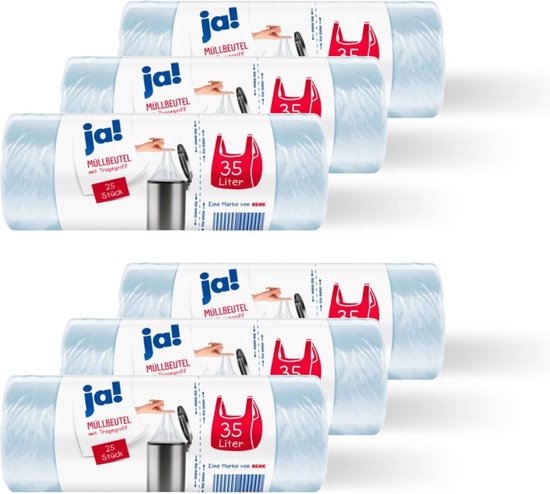 Six rouleaux de sacs poubelles transparents de 35 litres, chacun contenant 25 sacs avec poignées.