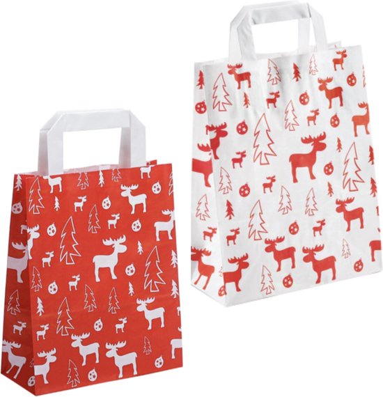 50 x papieren Kersttassen / Kerst draagtassen / Kersttasjes " White Elk and Red Elk " Met Platte Oren 25 stuks afmeting 18 x 8 x 22cm en 25 stuks afmeting 22 x 10 x 28cm/ Kraft Papieren Tasjes Met Handvat/ Cadeautasjes met vlak handgrepen / Zakjes/
