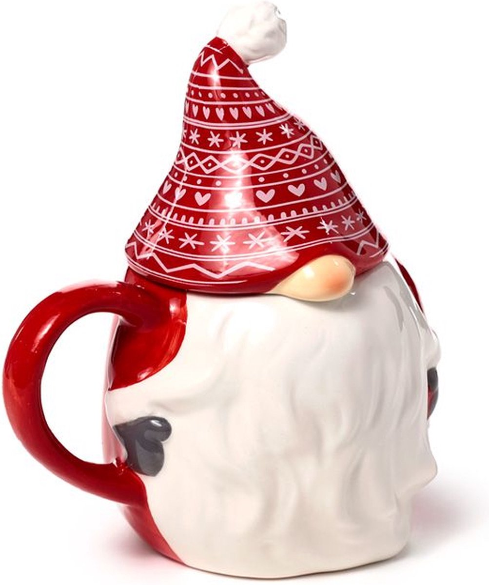 Beker/Mok met Deksel - Scandi Kerst Gnoom Kabouter Gevormd - Rood&Wit - Keramiek - 500ml