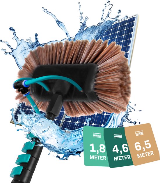 Bruine borstelkop van de telescoopsteel bij zonnepanelen, met opspattend water. Twee maten aangegeven: 1,8 en 4,6 meter.