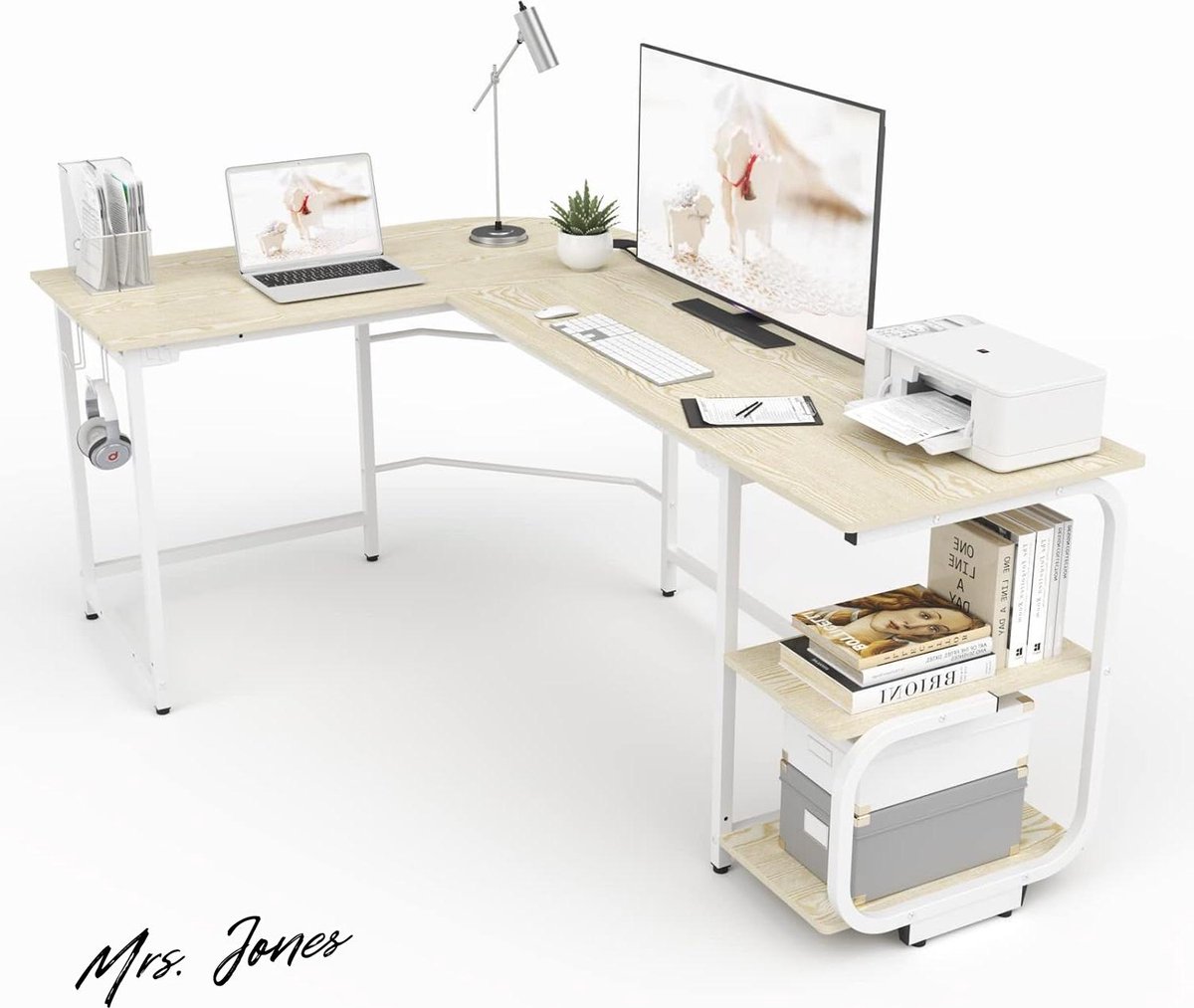 Mrs. Jones Ulifance L-vormige hoekbureau omkeerbaar met planken en hoofdtelefoonhaak - gamingbureau laptoptafel werkstations voor thuiskantoor beige. .