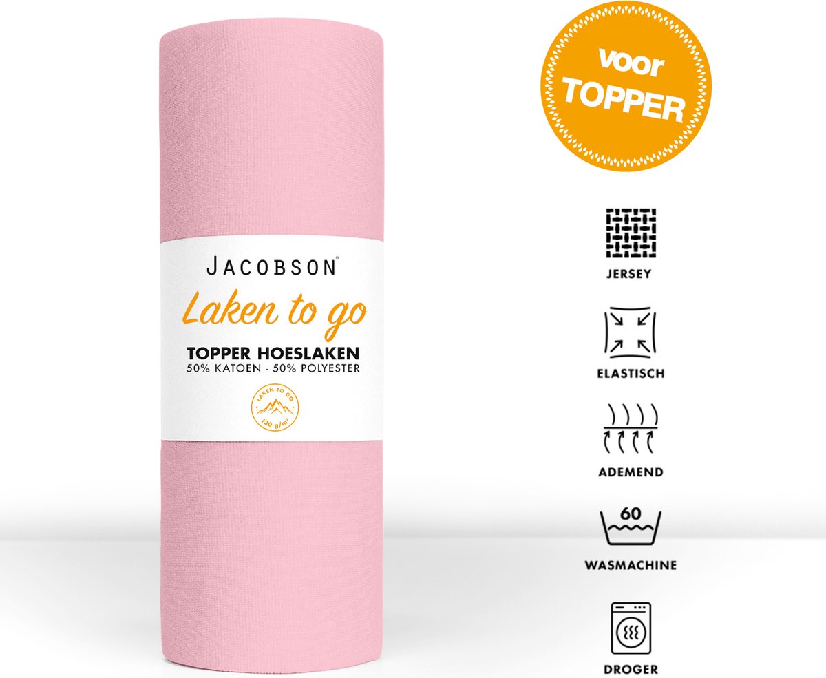 Jacobson - Hoeslaken Topper - 140x200cm - Jersey Katoen - tot 12cm matrasdikte - Roze