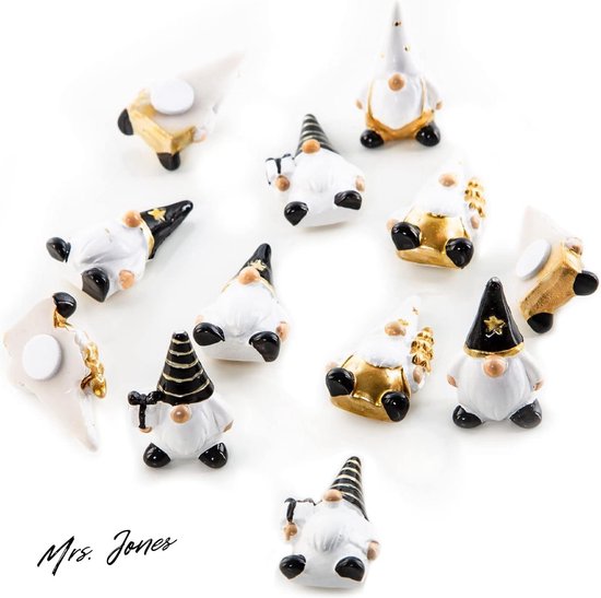 Madame Jones 12 petits nains de Noël à disperser - Décoration de Noël - Noir, blanc, doré - Autocollants - Cadeau amusant - Décoration de table de Noël - 4 cm. .