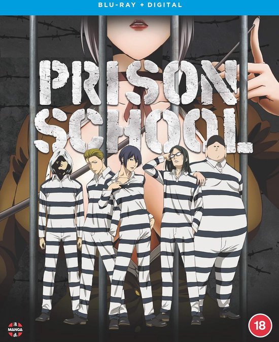 De Prison School Blu-ray cover met vijf jongens in gestreepte gevangenisuniformen.