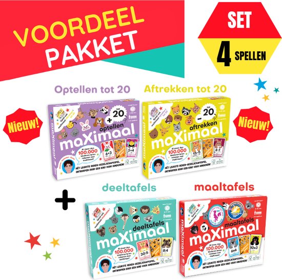 maXimaal voordeelset 4 spellen: Optellen tot 20 + Aftrekken tot 20 + Maaltafels + Deeltafels | Kaartspel | Bedenker: Maxim (8 jaar) | Optellen, aftrekken tot 20, maaltafels, deeltafels, rekenen wordt kinderspel | Meng & speel met alle spellen!