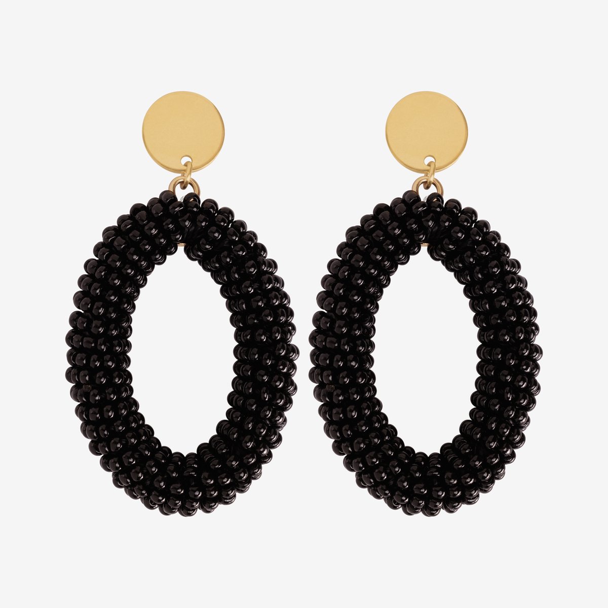 Eleganza Black Beads Oval Earrings Gold