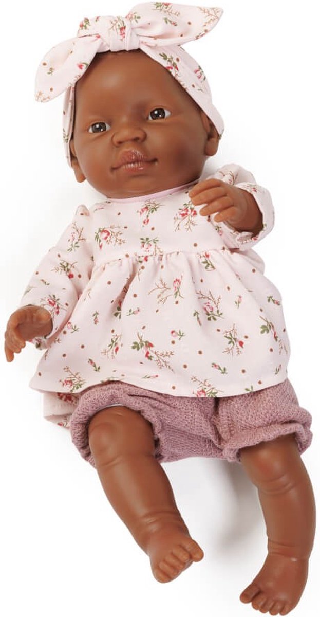 Eurekakids Babypop Meisje - Met Roze Jurk en Haarband - 45 cm - Realistische Donkere Pop met Lichte Vanillegeur