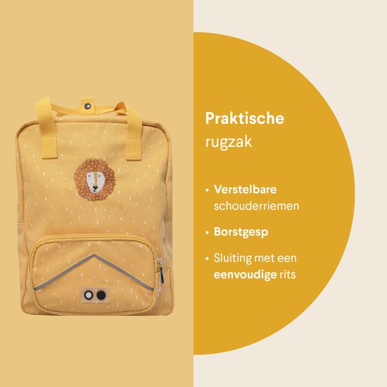 Gele rugzak met witte spikkels, leeuwen gezicht, verstelbare schouderbanden en borstgesp.
