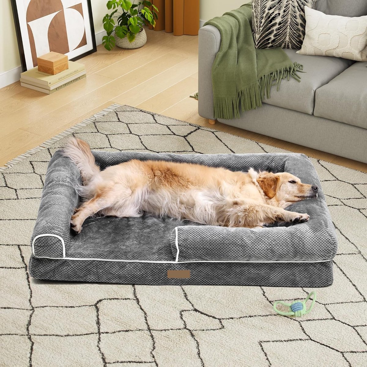 Middelgrote hondenbedbank, afneembare wasbare hoes, huisdierbed met volledig gevulde zijranden, zacht en gezellig, voor grote en extra grote honden, 89 x 63 x 18 cm, grijs (135 x 107 x 22 cm