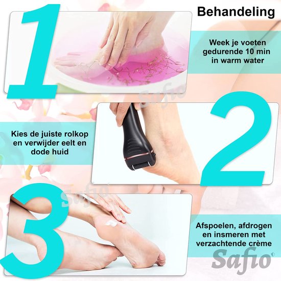 Drie stappen voor de behandeling van voeten: weken in warm water, eelt verwijderen met apparaat, insmeren.