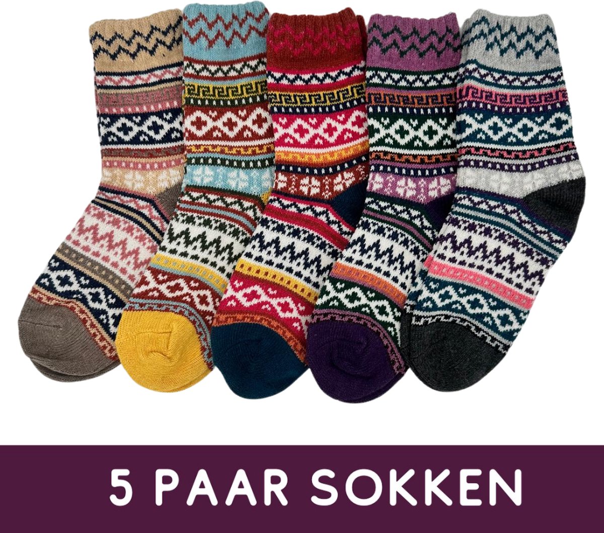 Winkrs© - 5 Paar - Warme Wintersokken dames - Scandinavisch vintage design sokken maat 36-40