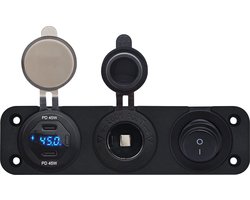 ProRide 12V USB C Autolader 2 Poorten - 45W/QC3.0 - Drievoudig inbouw paneel - Sigaretten stopcontact en Schakelaar
