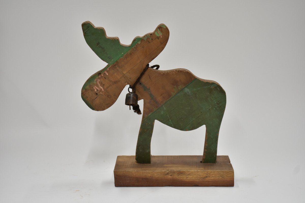 Eland hout - houten Figuur Eland - KERST - Retro - Vintage houten Eland - Eland met koperen bel.