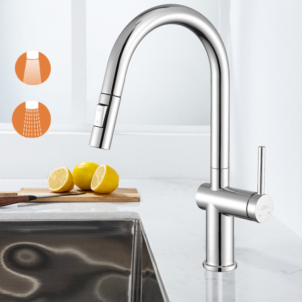 Auralum max Keuken Kraan RVS - Keukenkraan met Uittrekbare Uitloop - 360° Draaibare - 2 straalsoorten - 360° Draaibaar - Zilver