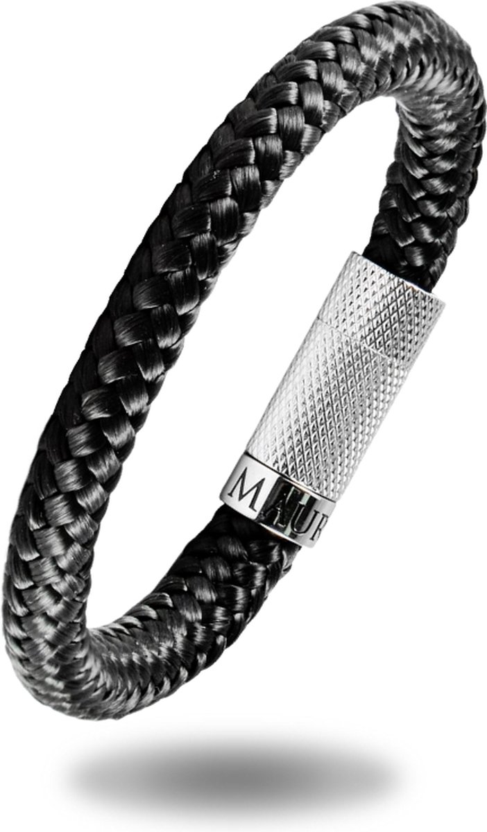 Heren armband zwart touw - Scheepstouw armband 8mm dik - 20,5cm - Stalen magnetische sluiting - Mauro Vinci Vicara Black- met geschenkverpakking