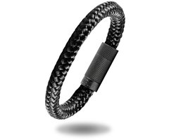 Heren armband zwart touw- Scheepstouw armband 8mm dik - 21,5cm - Stalen magnetische sluiting - Mauro Vinci Vicara - met geschenkverpakking