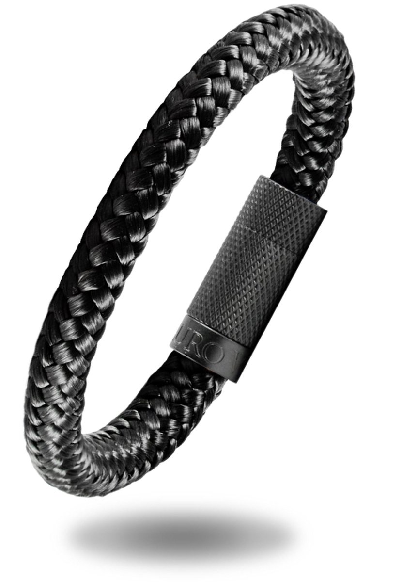 Heren armband zwart touw- Scheepstouw armband 8mm dik - 21,5cm - Stalen magnetische sluiting - Mauro Vinci Vicara - met geschenkverpakking