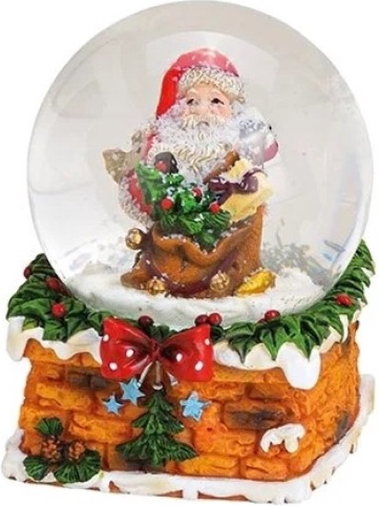 Boule à neige noeud de cheminée avec cadeau et sapin de Noël 9cm de haut