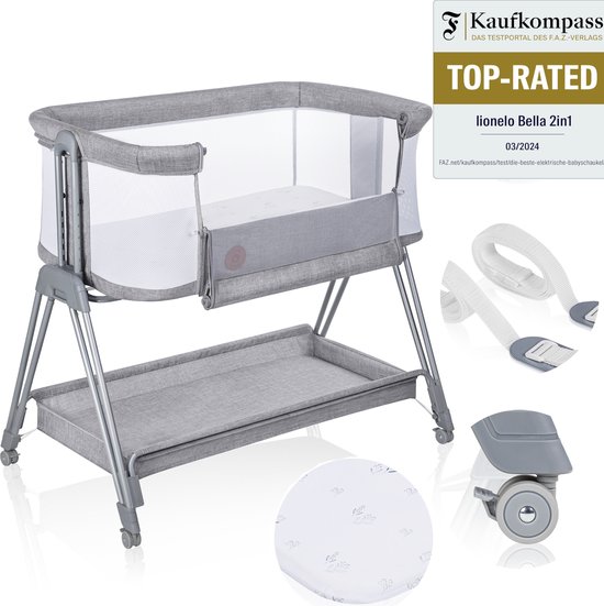 Lionelo Luna – 2-in-1 Babybedje & Co-Sleeper – Geboorte tot 9 kg – 7 Hoogtestanden – Kantelbaar Matras – Mesh Zijkanten – Wielen met Blokkade – Wasbare Hoes – Inclusief Opbergmand