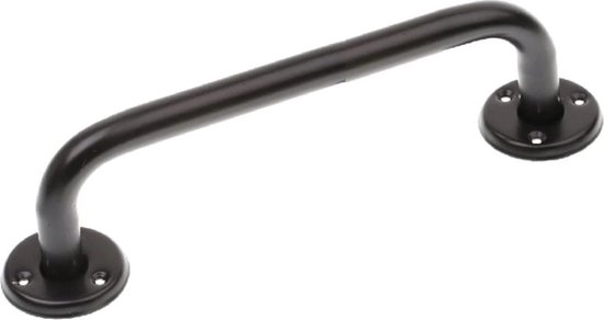 Zwarte metalen wandbeugel van 30 cm, met ronde schotelbevestigingen.