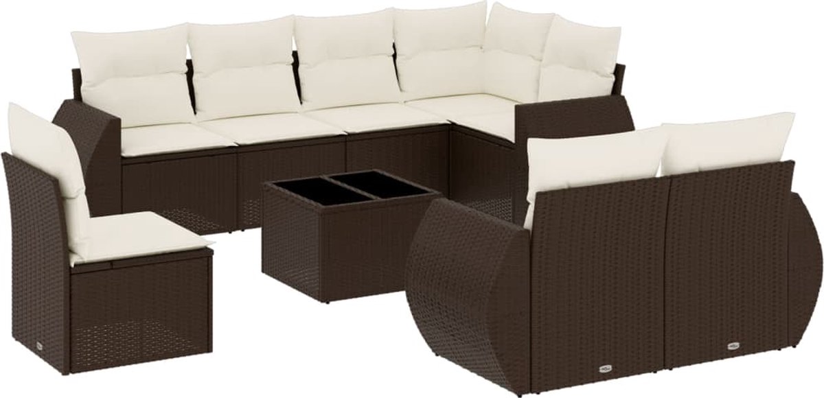 vidaXL 9-delige - Loungeset - met - kussens - poly - rattan - bruin