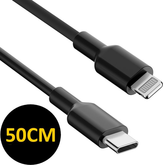 Câble chargeur 50 cm adapté pour iPhone - Câble adapté pour Lightning - Câble USB C - Câble chargeur - Zwart
