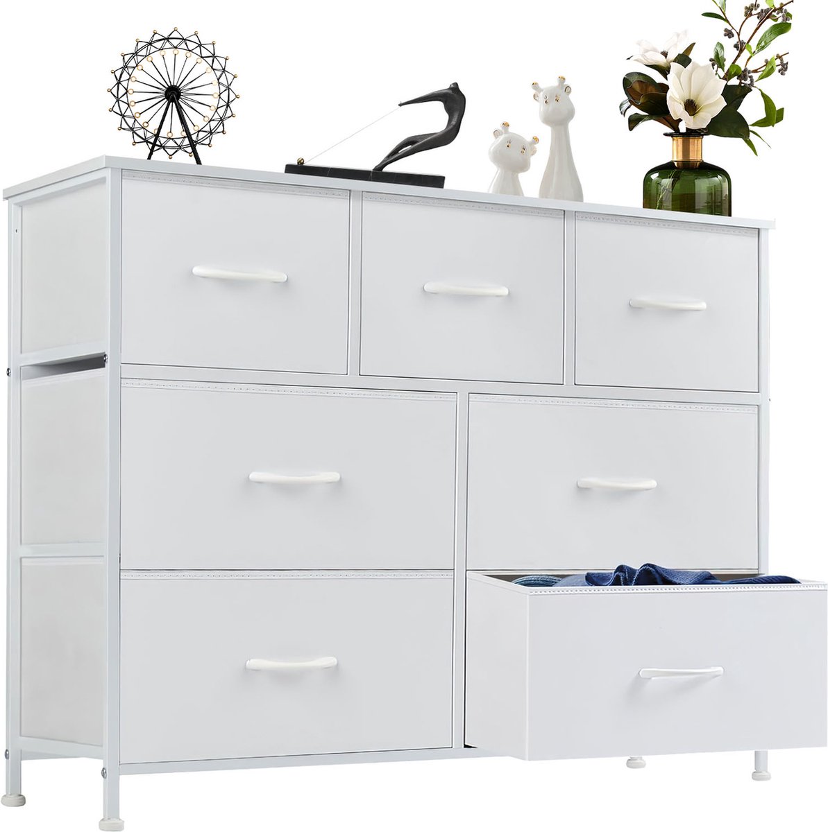 Commode met 7 stoffen lades, ladekast, opbergkast met houten bovenkant, dressoir, meubel voor slaapkamer, woonkamer, hal, kinderkamer, 100 x 30 x 77 cm (LxBxH).-Wit