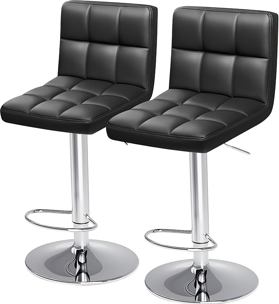 Barkrukken set van 2 met rugleuning, stijlvolle krukken, in hoogte verstelbaar 62-83 cm, draaibaar 360 graden, PU-leer keukenstoelen met rugleuning en voetsteun, lobby krukken.-Zwart