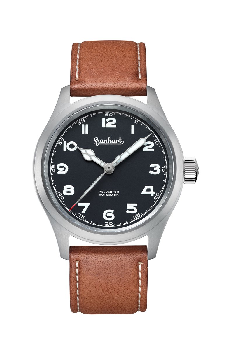 Hanhart Preventor HD12™ - Horloge zwart - Lichtbruine band - 39 mm