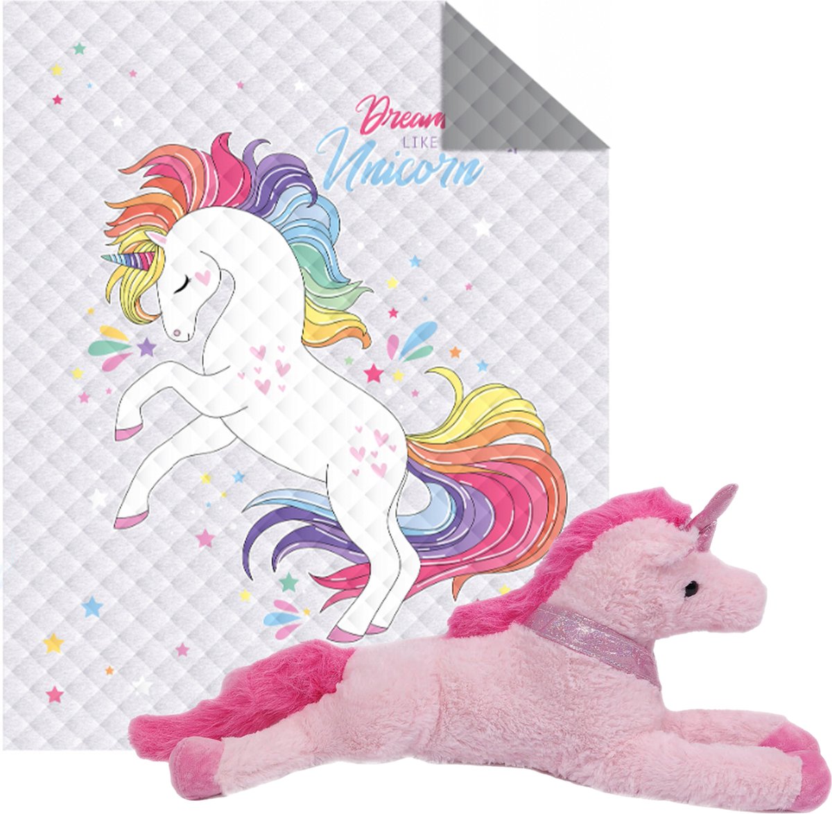 Bedsprei Unicorn - afmeting 170x210 cm - lichtgewicht - gewatteerd - inclusief pluche knuffel 50 cm