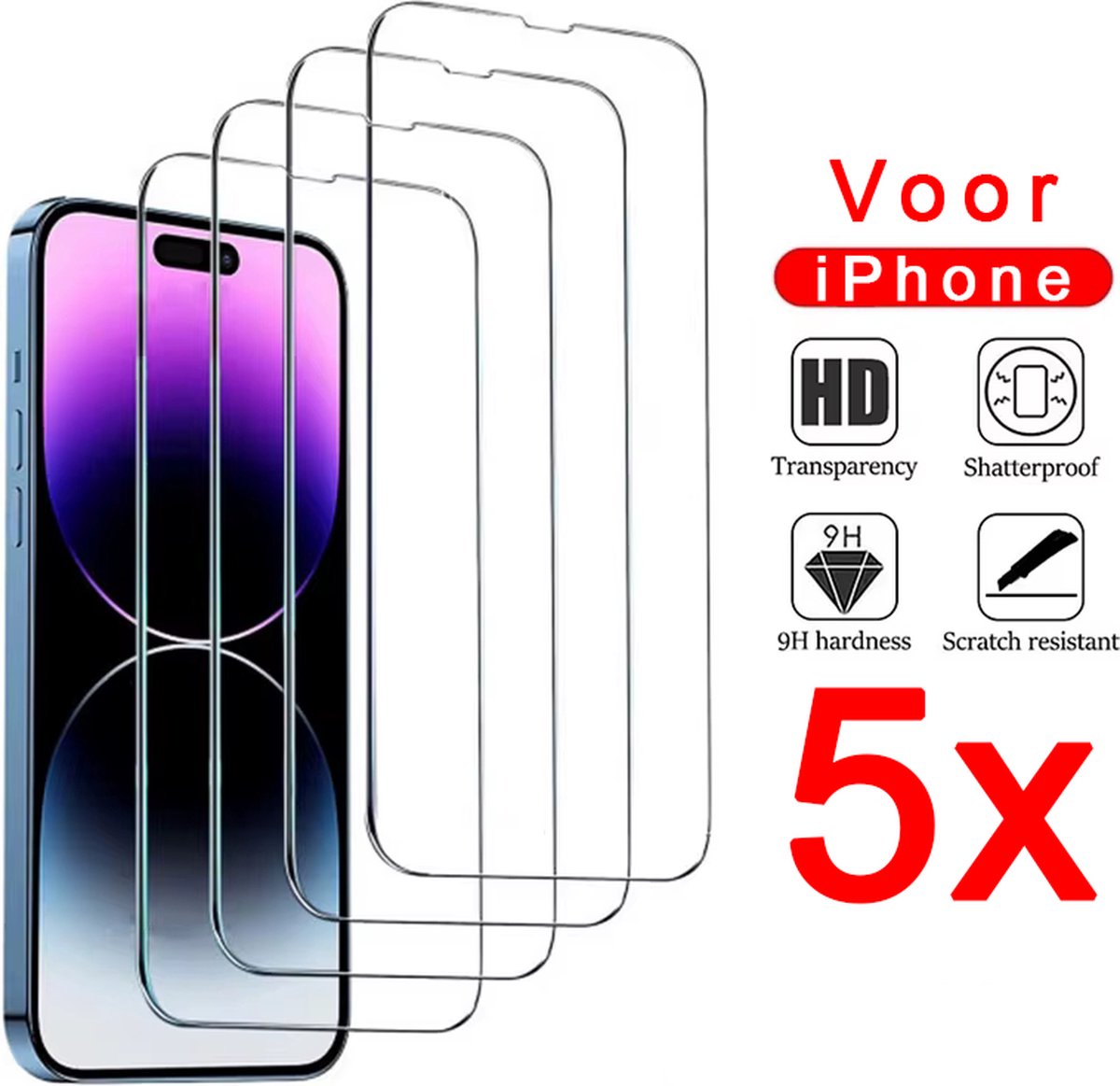 5x Screenprotector Geschikt voor iPhone 15 - Krasbestendig Beschermglas, Gehard Glas Schermbeschermer