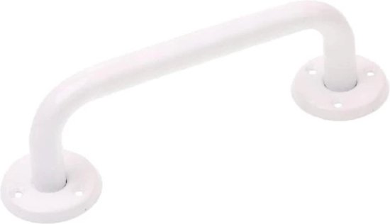 Witte wandbeugel van 20 cm met twee ronde bevestigingsplaten aan de uiteinden.