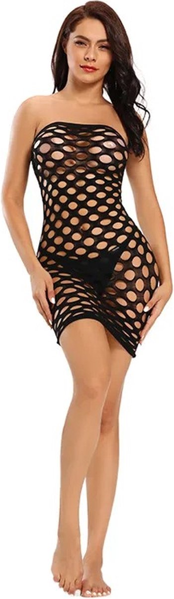 Goedkoopste bodystocking jurkje visnet stretch zwart mouwloos kort dames erotisch sexy lingerie