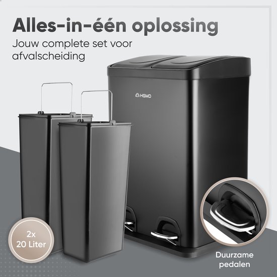 Set van een zwarte prullenbak met twee pedalen en twee losse binnenemmers van 20 liter elk.