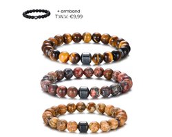 Trio Tigerskin kralen armbanden heren - set van 3 + 1 natuursteen armband