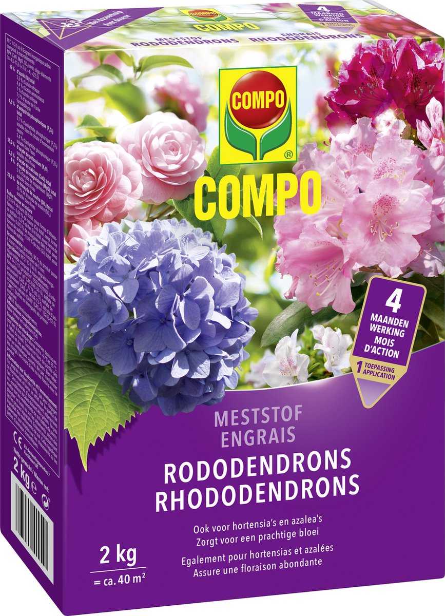 COMPO Meststof Rododendrons - directe en lange werking 4 maanden - voor een stevige groei en prachtige bloei - doos 2 kg