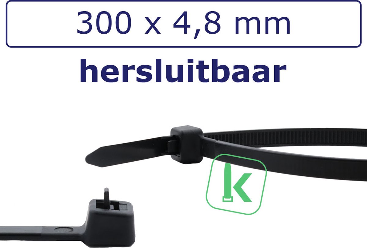 PRO-TIE® - Tyraps, kabelbinders Herbruikbaar 300 x 4,8 mm Zwart UV bestendig (Zak 100 stuks) (tiewrap/tyrap/tie-wrap/bundelbandje/colsonbandje/)