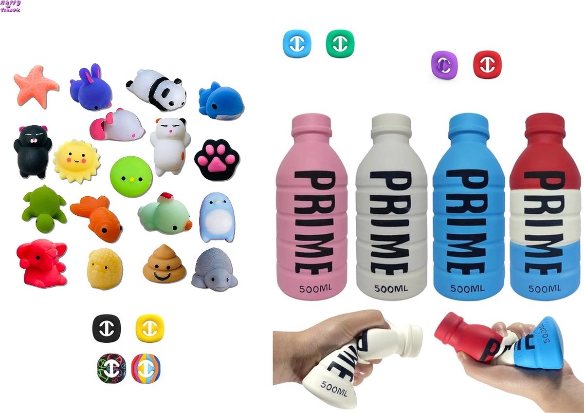 Happy Trendz® - Set van 8 Fidget Toys: Prime Squishy Flesje (15 cm), Snapper Fidget en 6 Mochies