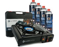 Eurocatch Outdoor - Kooktoestel op Gas - incl 4 Butaan Gasbussen - Gas Stove - Camping Kooktoestel - Gaspit - Gasfornuis - Gasstel - Cooker - Draagkoffer