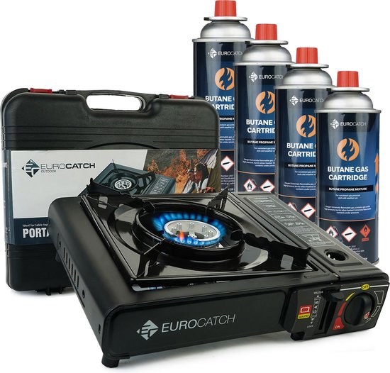 Eurocatch Outdoor – Kooktoestel op Gas – incl 4 Butaan Gasbussen – Gas Stove – Camping Kooktoestel – Gaspit – Gasfornuis – Gasstel – Cooker – Draagkoffer