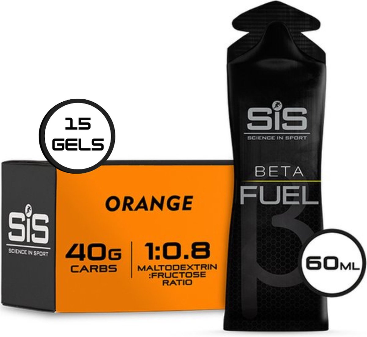 Science in Sport - SIS Beta Fuel - Dual Source energy gel - Orange smaak - 1 0,8 Maltodextrine Fructose verhouding - 40 gram koolhydraten per gel - 15 x 60ml