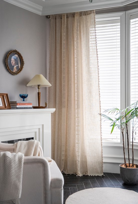 Boho Rideaux Pour Salon Vintage Gland Crochet kanten Panneaux Pour Chambre Fenêtre Ferme Rétro Creux Sheer Rideaux, 59"w × 63"l (150cm x160cm) -2 Panneaux-Beige Cube