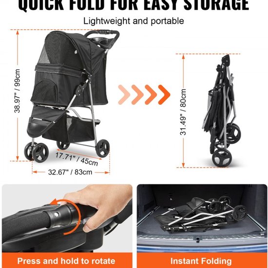 PawHut hondenwagen, hondenbuggy, pet stroller met 3/4 wielen, 4 kleuren beschikbaar
