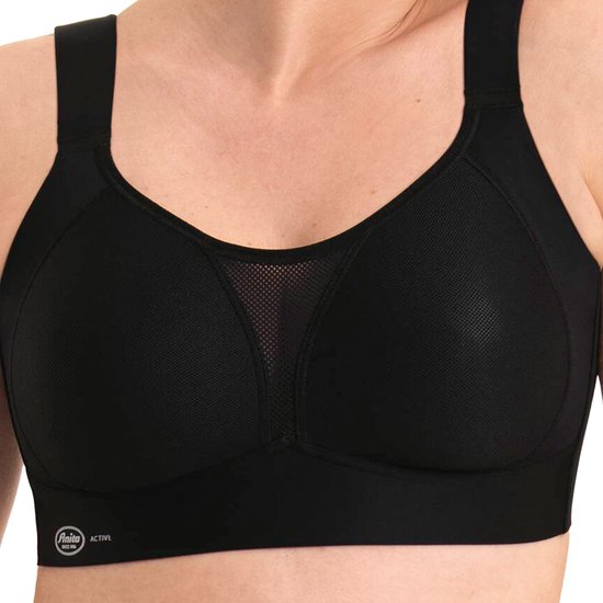 Zwarte sportbeha met brede bandjes en mesh detail op de cups.