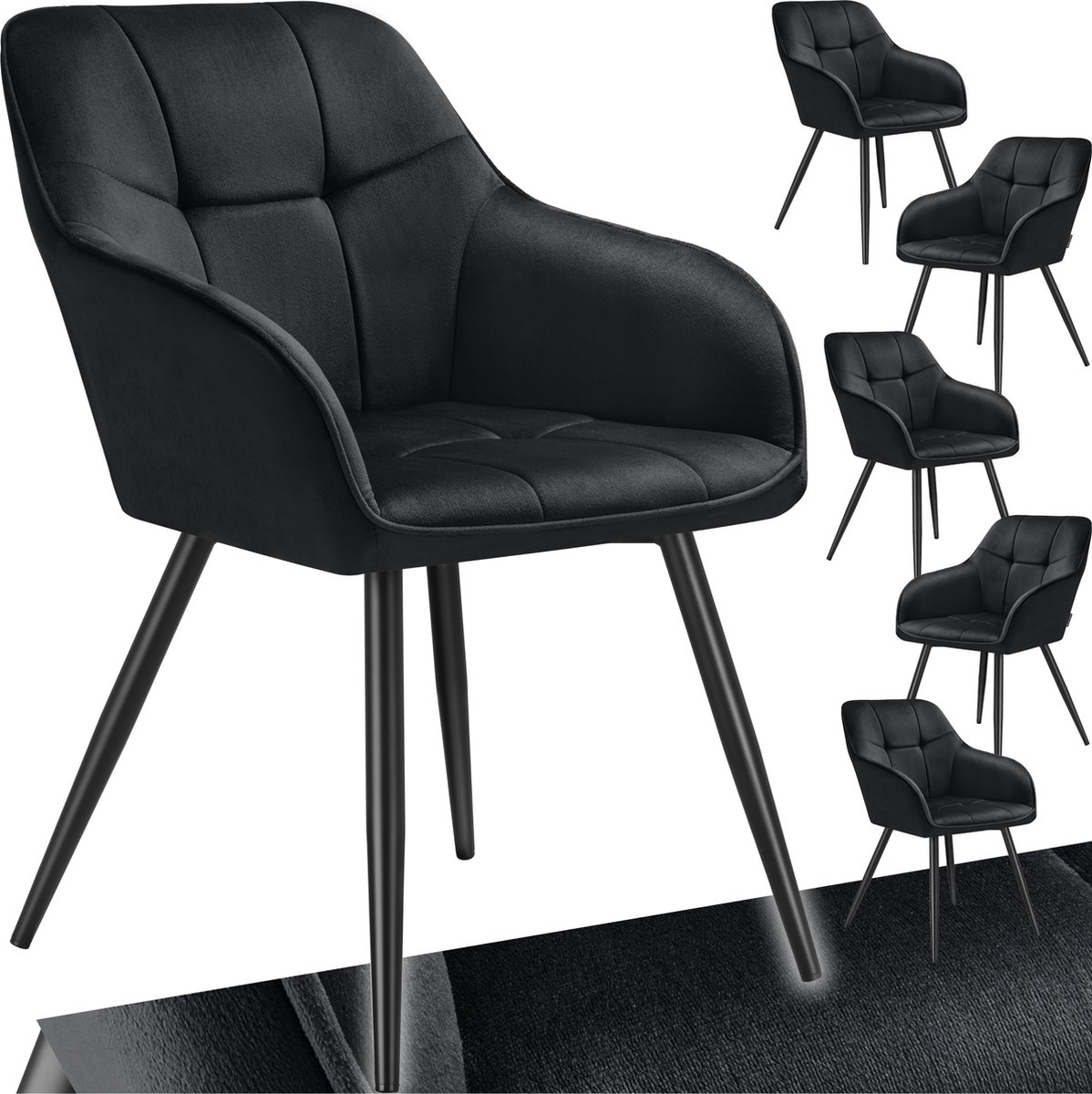 Tectake Eetkamerstoelen Marilyn - Set van 6 - Gestoffeerde Stoel in Fluweellook - Stikpatroon - Zwarte Stoelpoten - Ergonomische Keukenstoel - Doorlopende Rugleuning en Armleuningen - Stoel voor Woonkamer, Eetkamer, Slaapkamer - Zwart