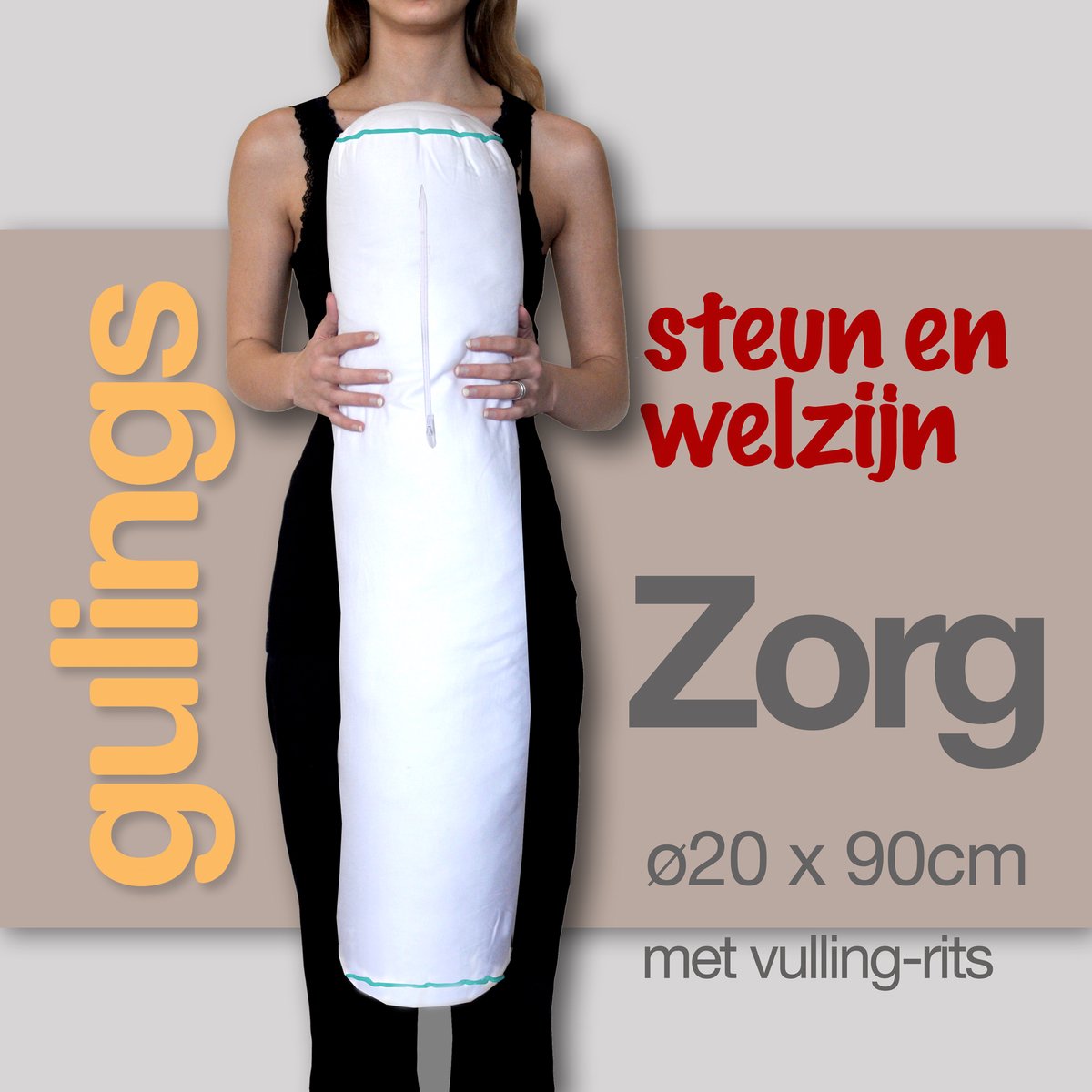 GulingZorg® Rolkussen met sleeve zand - Langdurig bedgebonden ø20 x 90 cm, 100% Percu Katoen (huisstofmijtvrij), Dacron Comforel Allerban vulling (anti-allergeen)