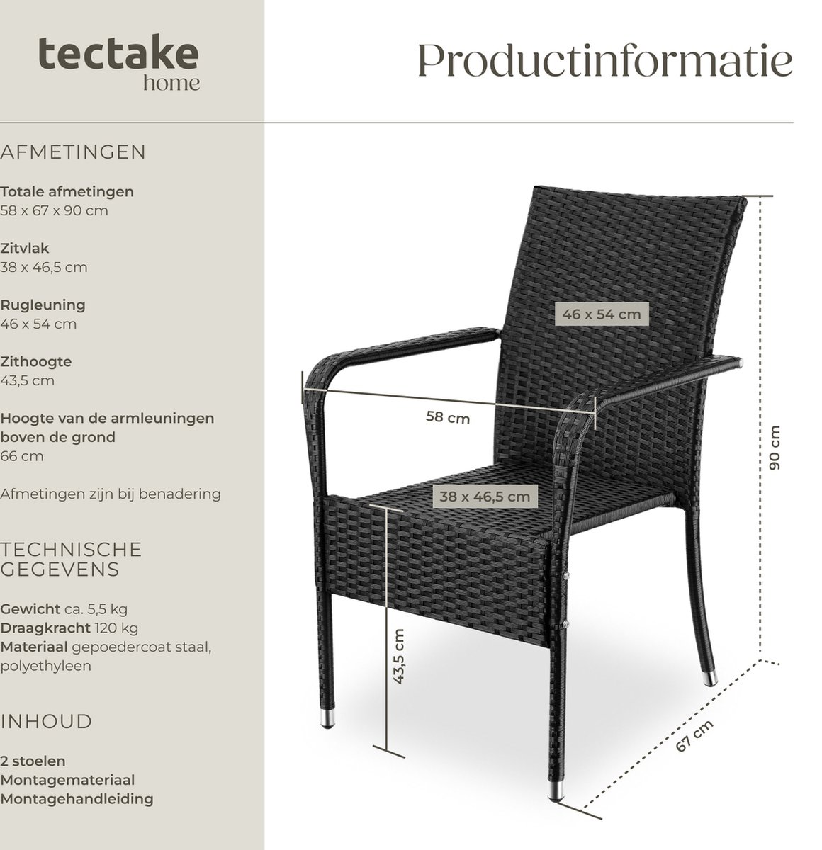 tectake® Tuinstoelen Girona - Terrasmeubilair - Set van 2 - Wicker Tuinstoel met Armleuning - Stapelbaar -Tuinset Stoelen voor Tuin, Terras of Balkon - Draagkracht 120 kg per Stoel - Verkrijgbaar in div. sets – foto 7