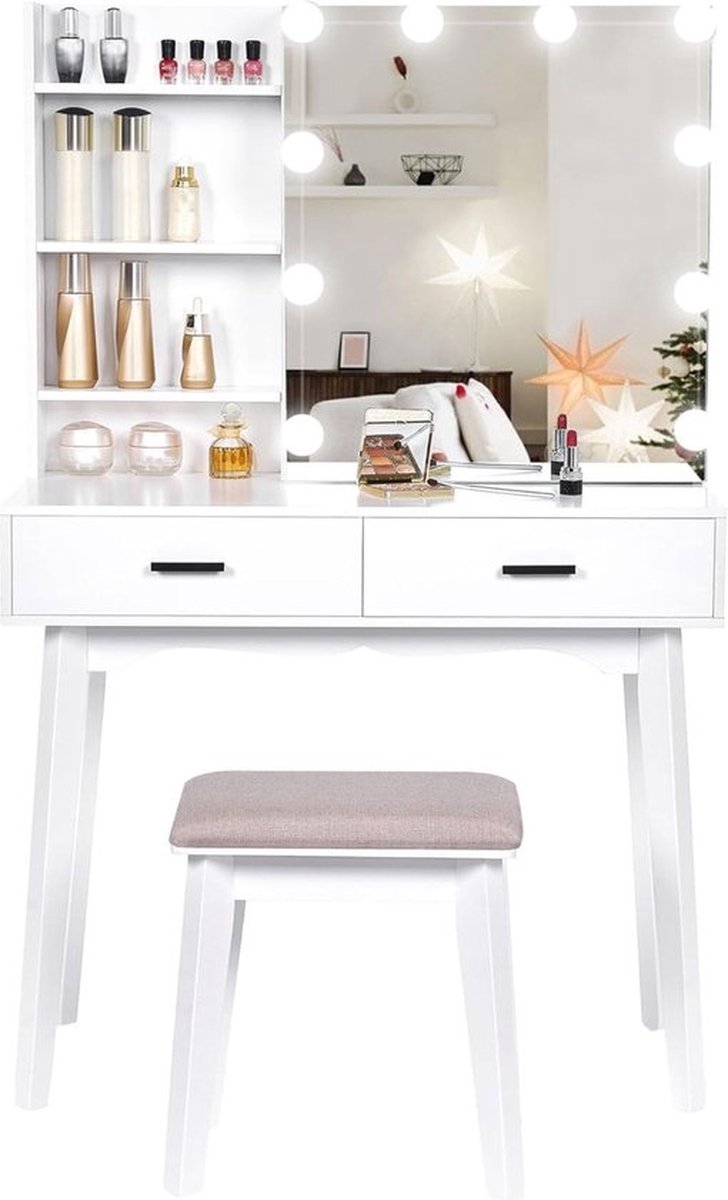 Luxe Kaptafel – Make Up Tafel – Met Spiegel en Verlichting – Voor Vrouwen & Meisjes – Met Lades – Extra Opbergruimte – Modern Design – Wit