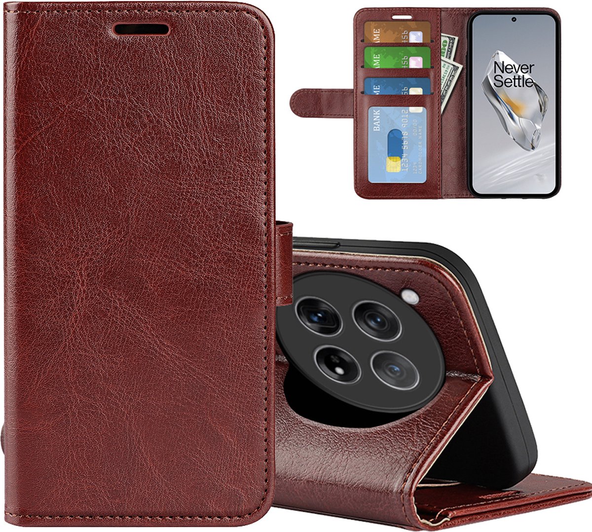 MobyDefend Hoesje - Geschikt voor OnePlus 12 - Wallet Book Case (Sluiting Achterkant) - Bruin
